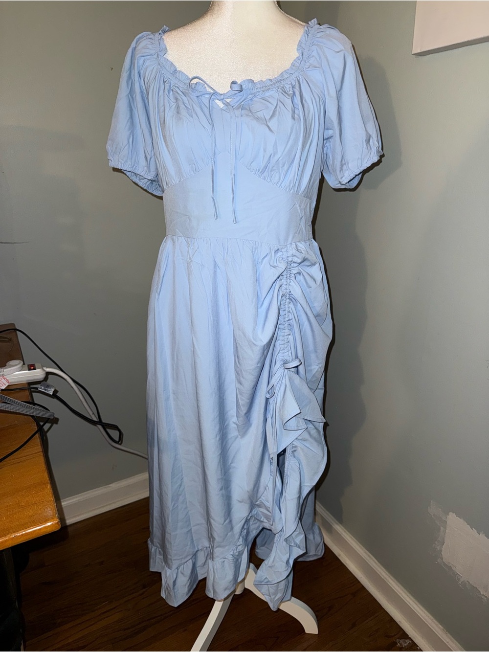 Light Blue Off-Shoulder High-Low Midi Dress with Ruffle Hem